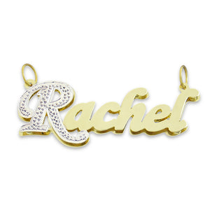 Solid 14K two-tone gold 3D double-plate script nameplate pendant in custom Rachel design with diamond-carved capital letter.