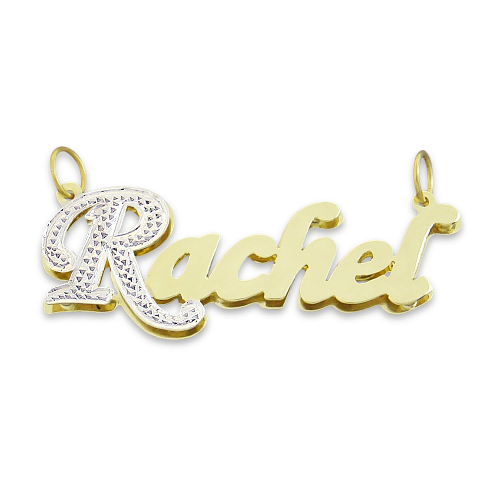Solid 14K two-tone gold 3D double-plate script nameplate pendant in custom Rachel design with diamond-carved capital letter.