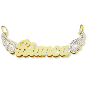 Custom solid gold 3D double plate name pendant spelling Bianca with rhodium-plated angel wings.