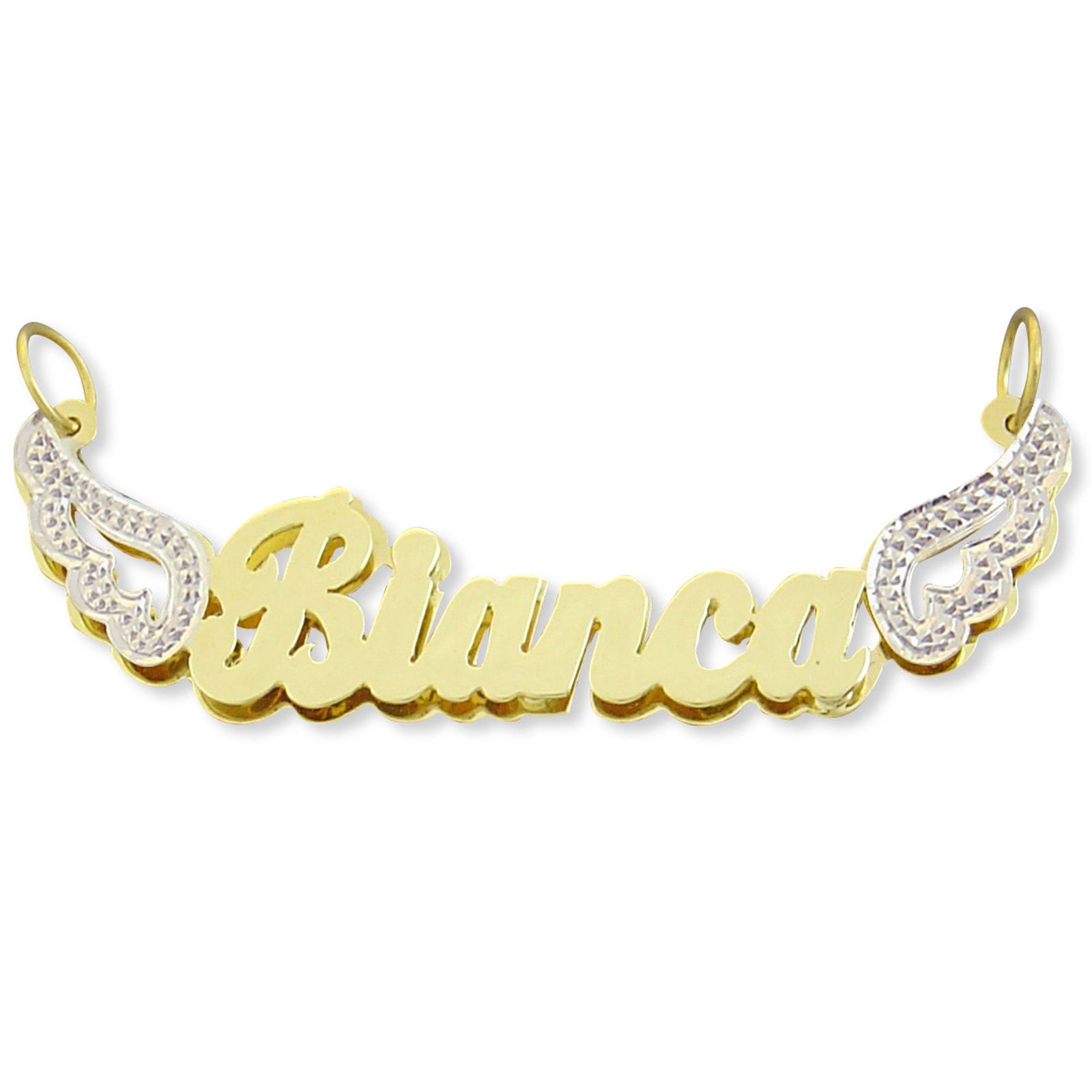 Custom solid gold 3D double plate name pendant spelling Bianca with rhodium-plated angel wings.