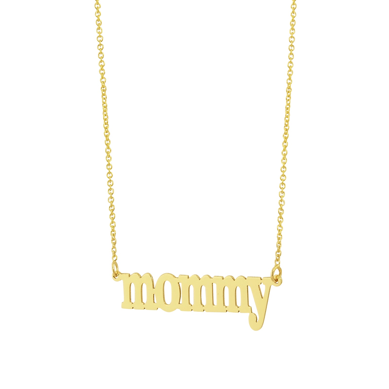 Solid gold dainty mommy nameplate necklace in lowercase script attached to a fine gold chain.