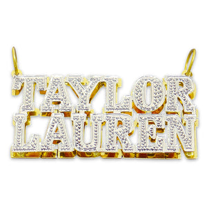 Solid 10K or 14K gold personalized diamond double plate couple name pendant with Taylor and Lauren written in capital block font with diamond accent cuts and rhodium finish.