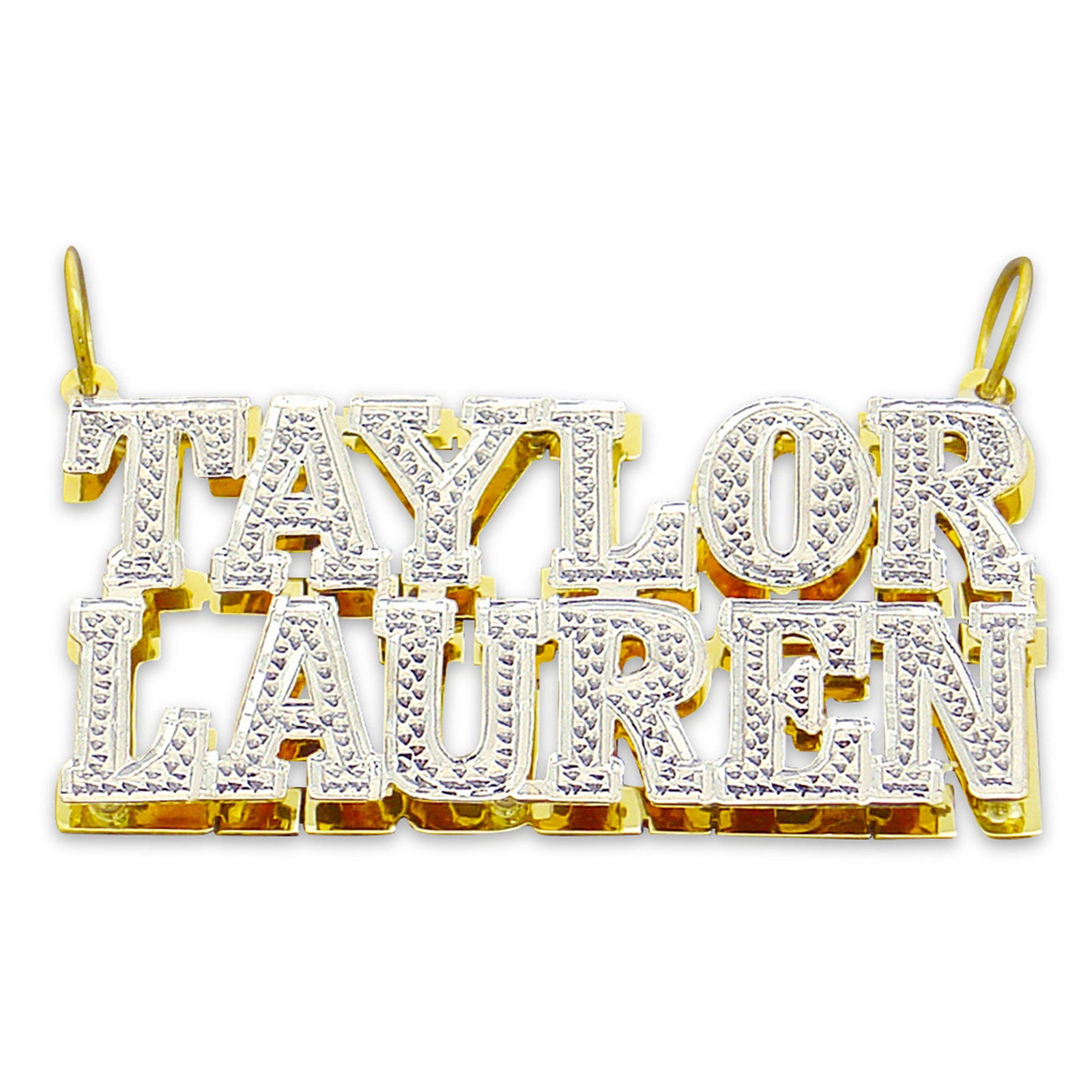 Solid 10K or 14K gold personalized diamond double plate couple name pendant with Taylor and Lauren written in capital block font with diamond accent cuts and rhodium finish.