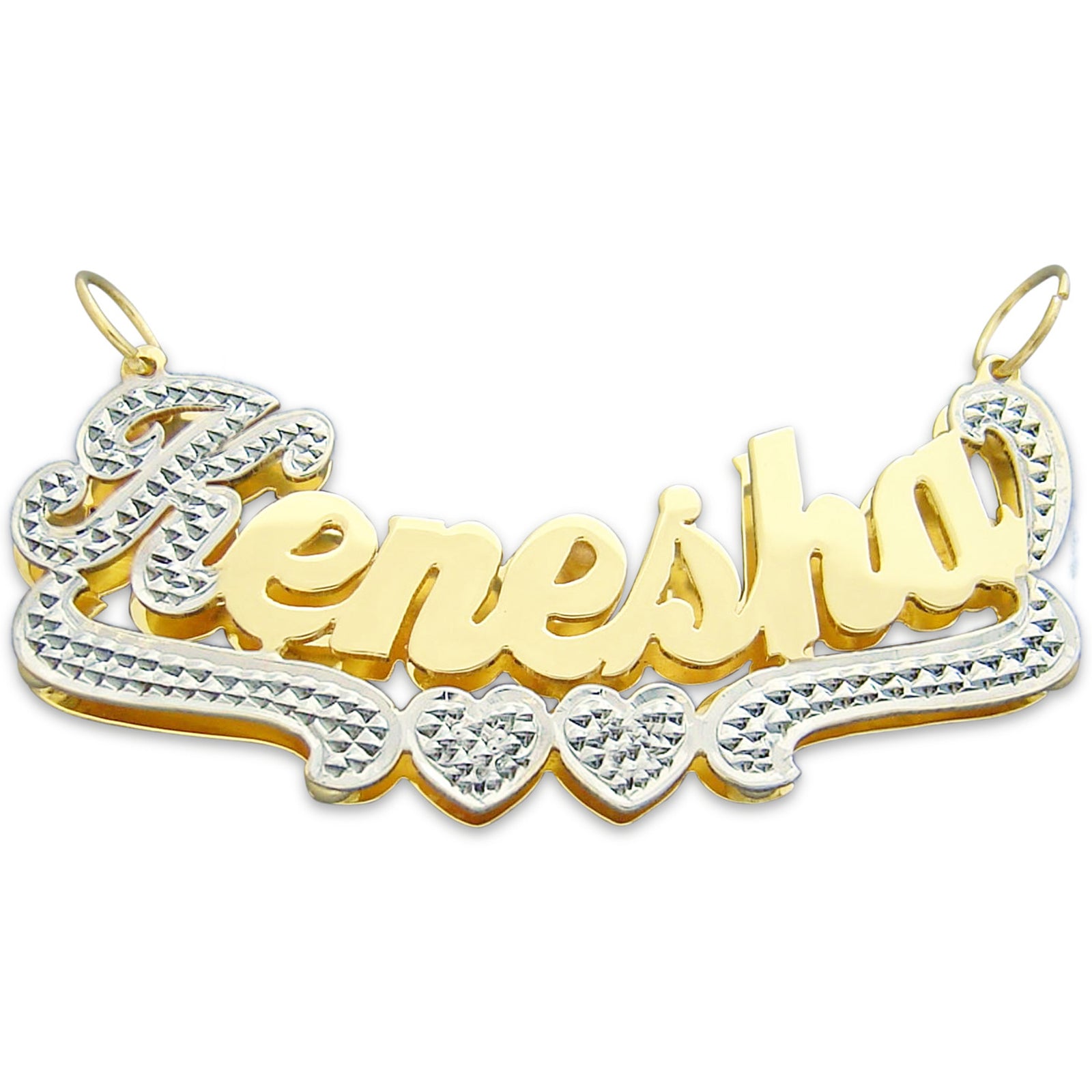 Solid 10K yellow gold custom double plate name pendant with 2-tone rhodium heart tail and diamond accents