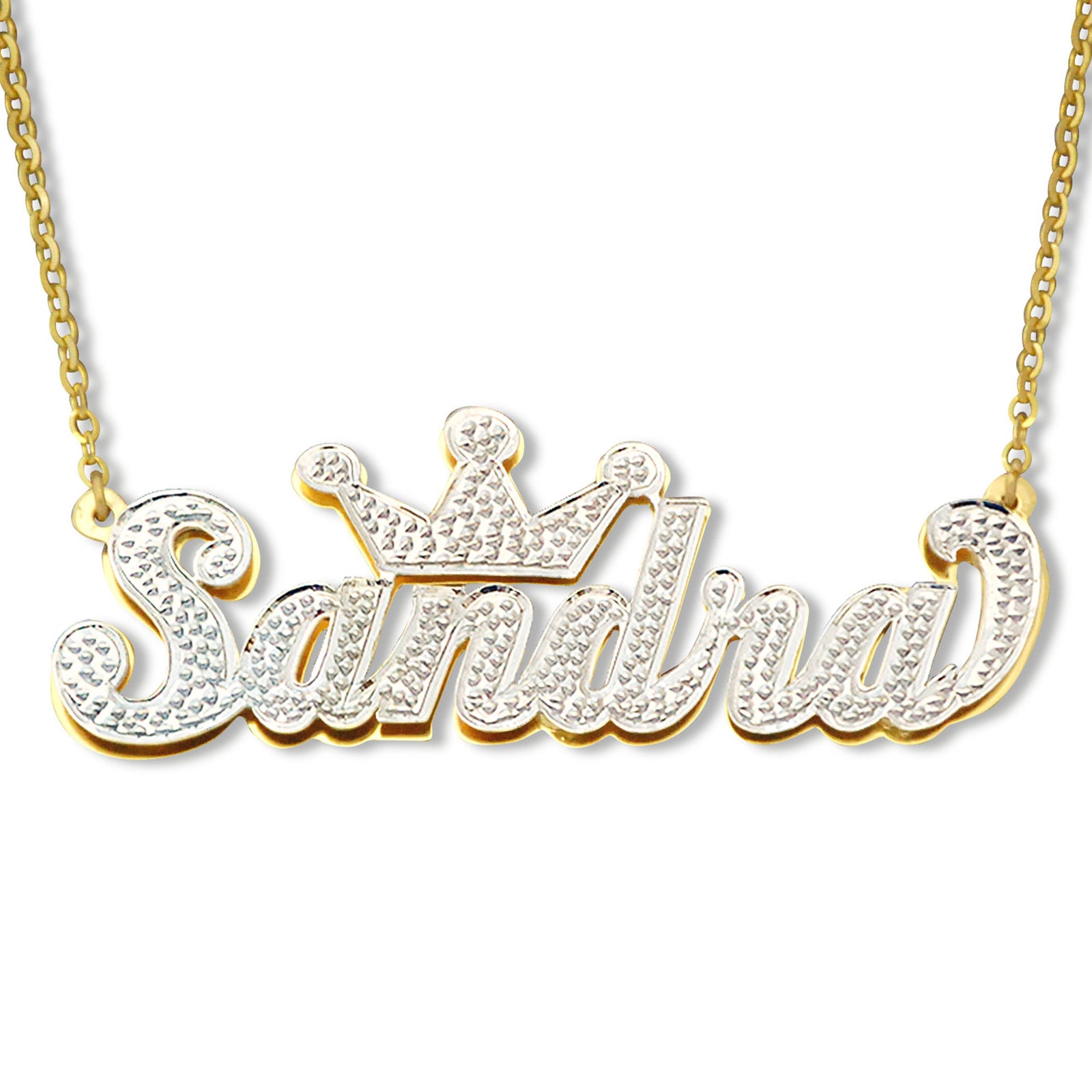 Custom 3D solid gold iced out name crown pendant spelling Sandra with diamond accents