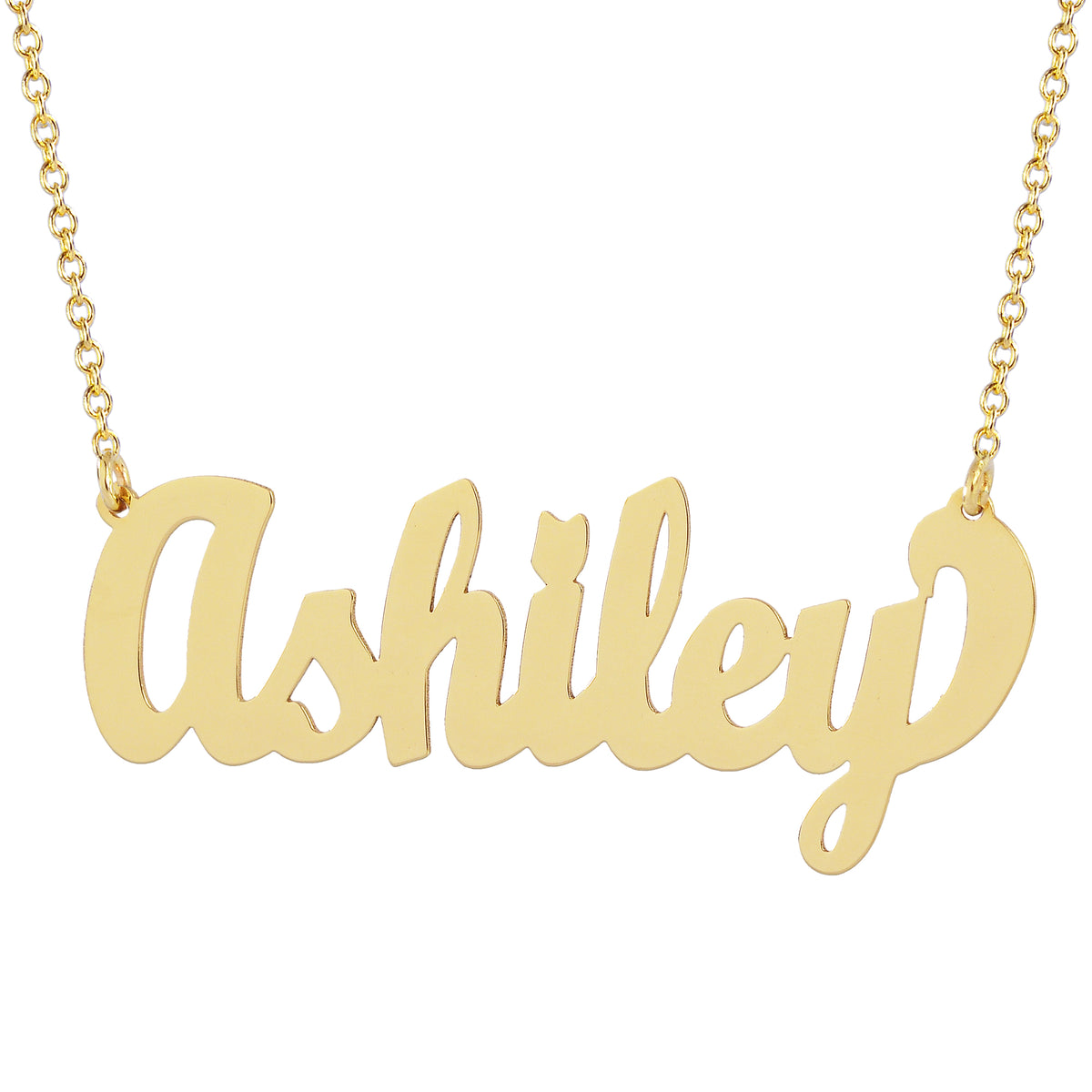 Personalized 10k or 14k solid yellow gold script name necklace featuring custom cursive lettering spelling Ashley.