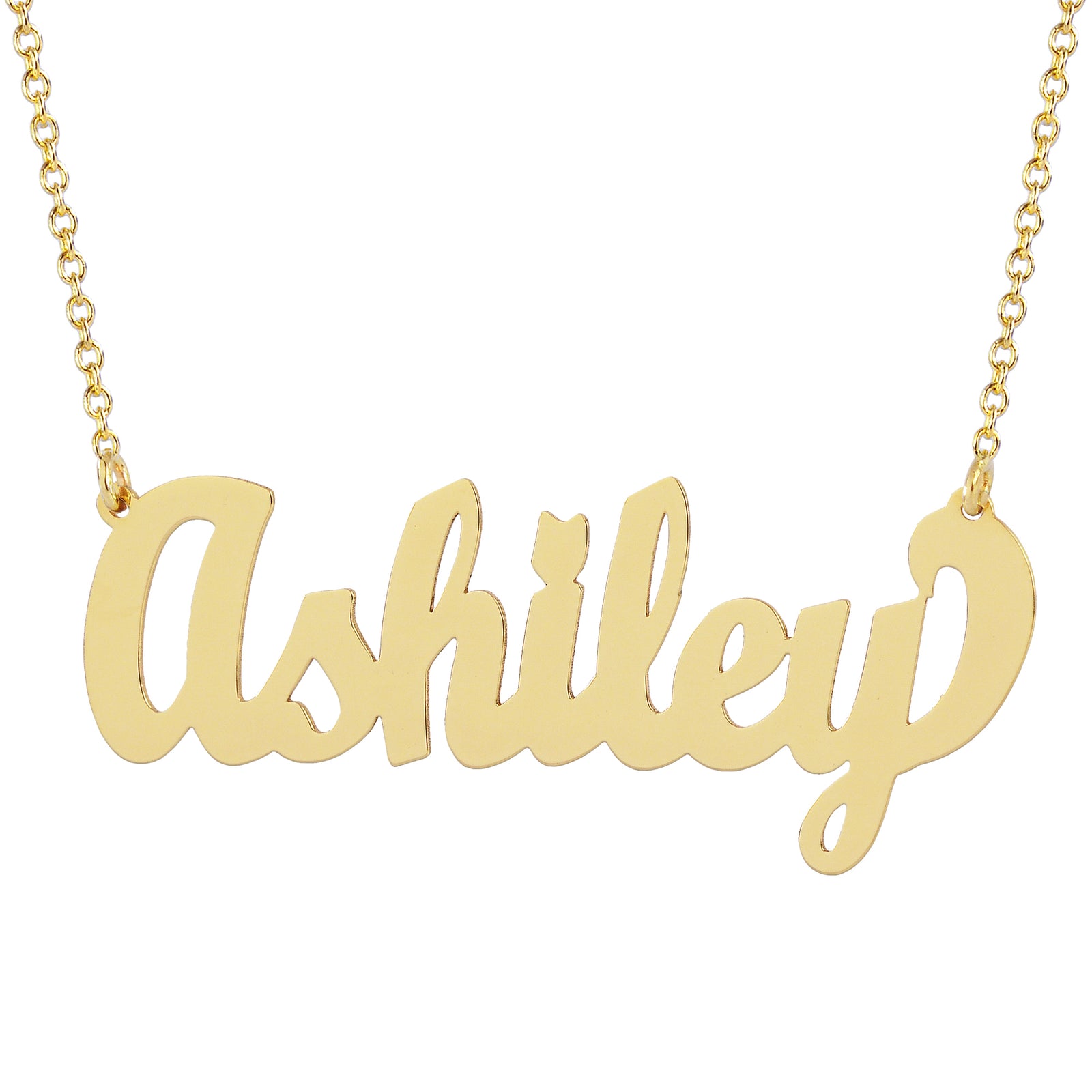 Personalized 10k or 14k solid yellow gold script name necklace featuring custom cursive lettering spelling Ashley.