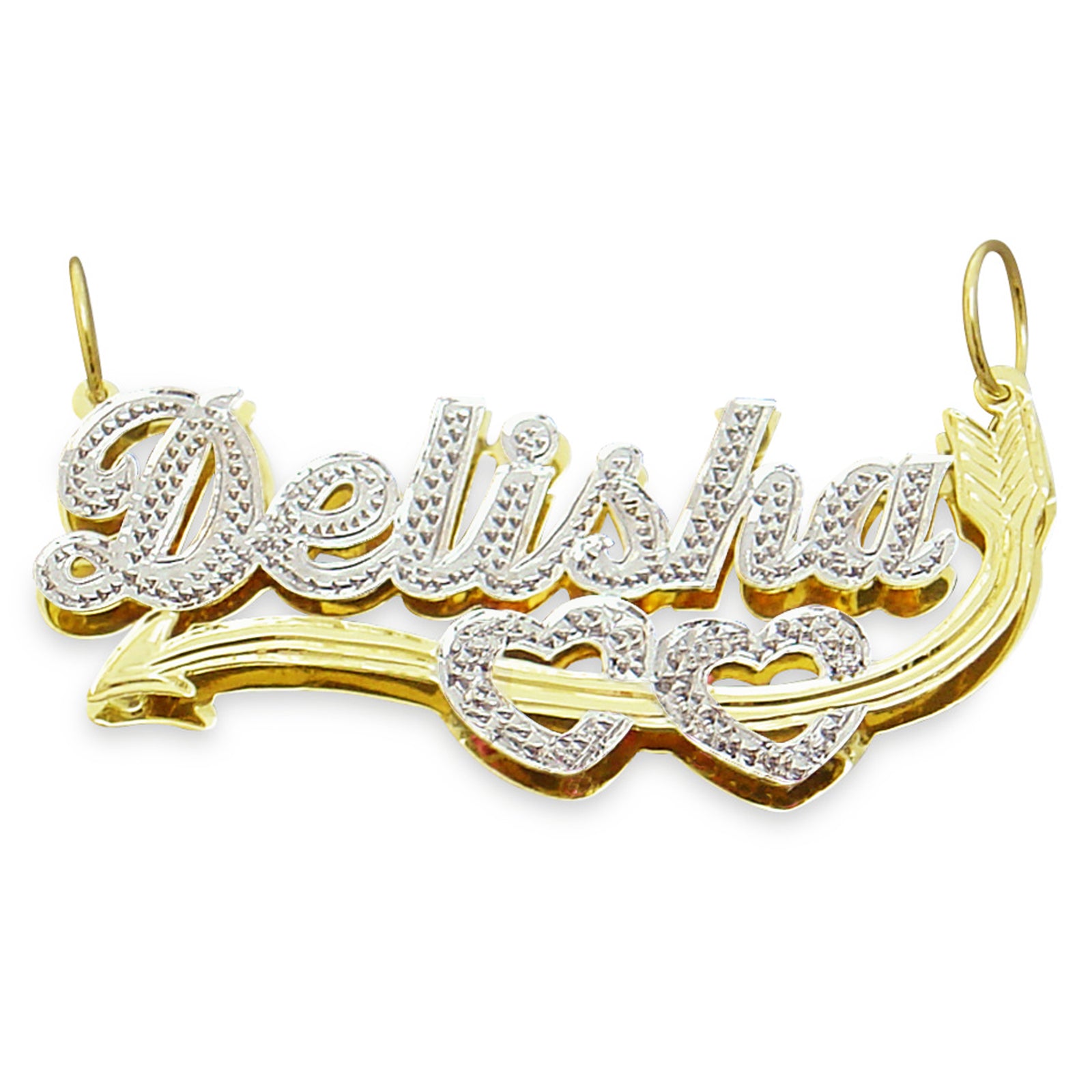 Custom 3D double plate solid gold Cupid heart name pendant with two-tone rhodium and diamond-cut finish.
