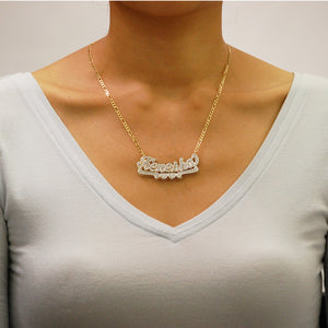 Woman wearing custom solid gold 3D double plate nameplate necklace